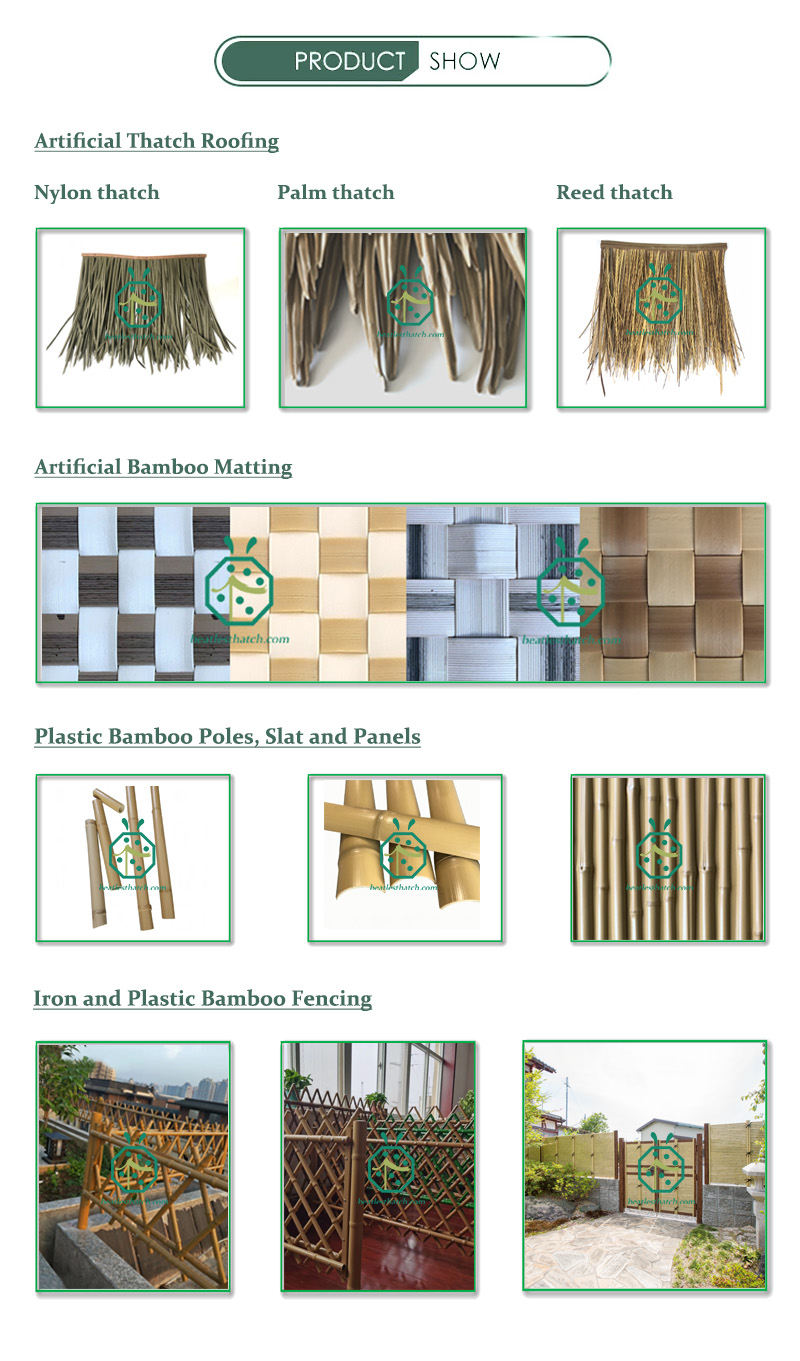 Plastic bamboo woven panel, synthetic thatch roofing, artificial bamboo sticks for theme park decoration
