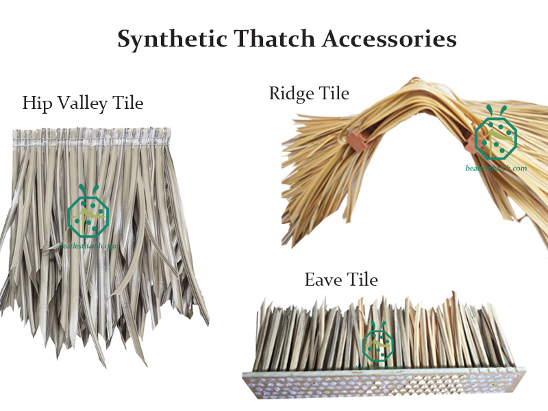 Synthetic thatch roof accessories of ridge thatch tile, hip valley roof tile and eave thatch tile