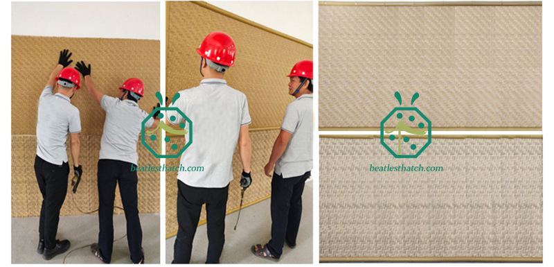 Woven wall or ceiling panel installation for hotel lobby