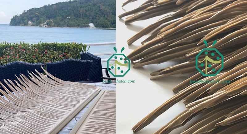 Tejas de techo de paja de palma sintética para la construcción de bungalows tiki hut de Maldives resort hotel