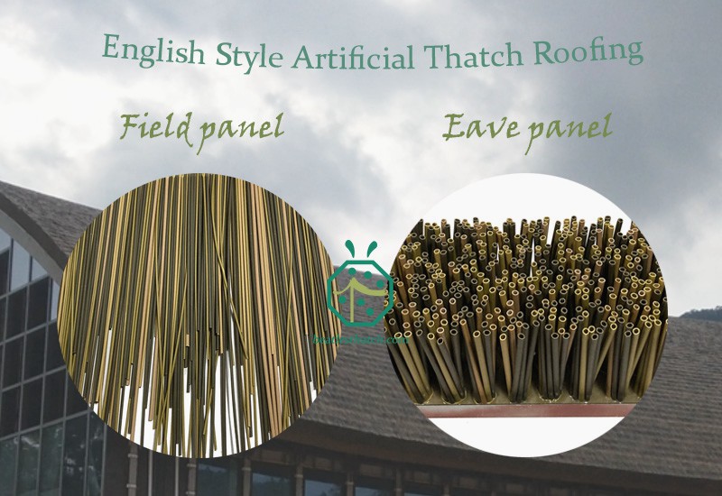 Paja artificial de cabaña estilo británico o paja de junco con panel de techo de paja de alero