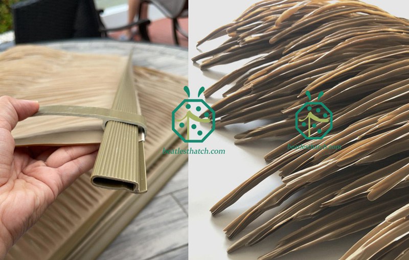 Synthetic palm thatch roofing to be assembled with fixing rails