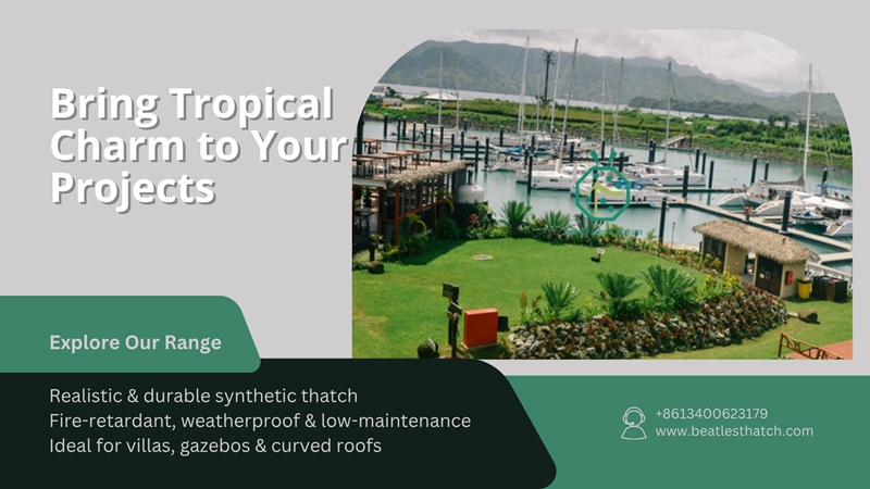 Fireproof faux palm thatch panel for sloped roofs at theme parks, palapa roof, garden gazebo, tiki bar restaurant, Bohio villas, resort cottage building