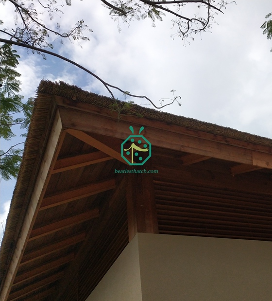 Proyecto de techado con paja artificial en el patio de un hotel frente al mar