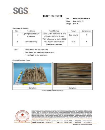 techo de paja sintética uv y certificado de prueba de quema de sgs