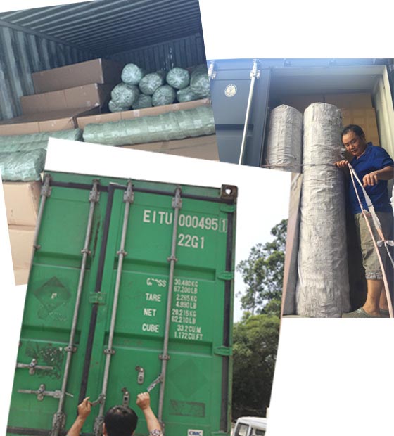 carga de contenedores de nuestros tapetes sintéticos de paja y bambú