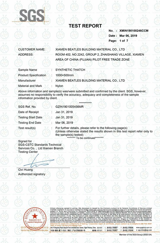 Prueba de resistencia al fuego UL 94-2013 y prueba de exposición a rayos UV ASTM G154-16 para techos de paja sintética