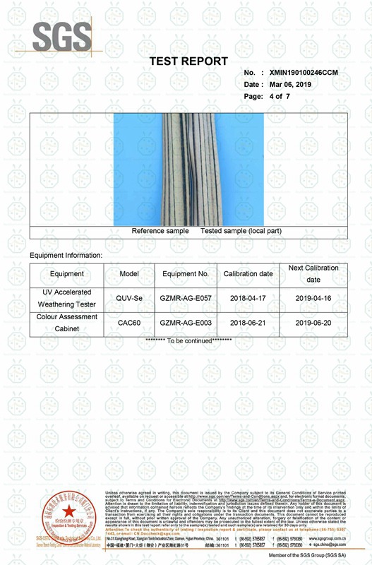 Certificado de prueba de exposición a rayos UV para paneles de techo de paja artificial