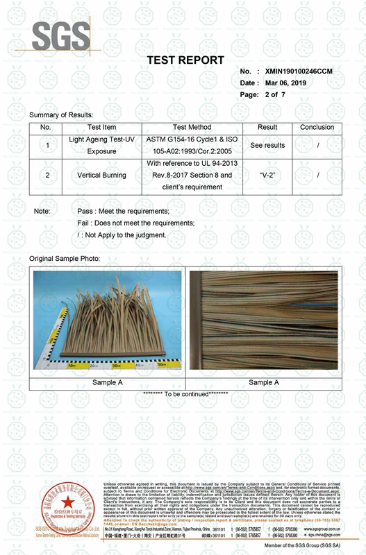 Certificado de prueba de resistencia a los rayos UV y al fuego para techos de caña artificial.
